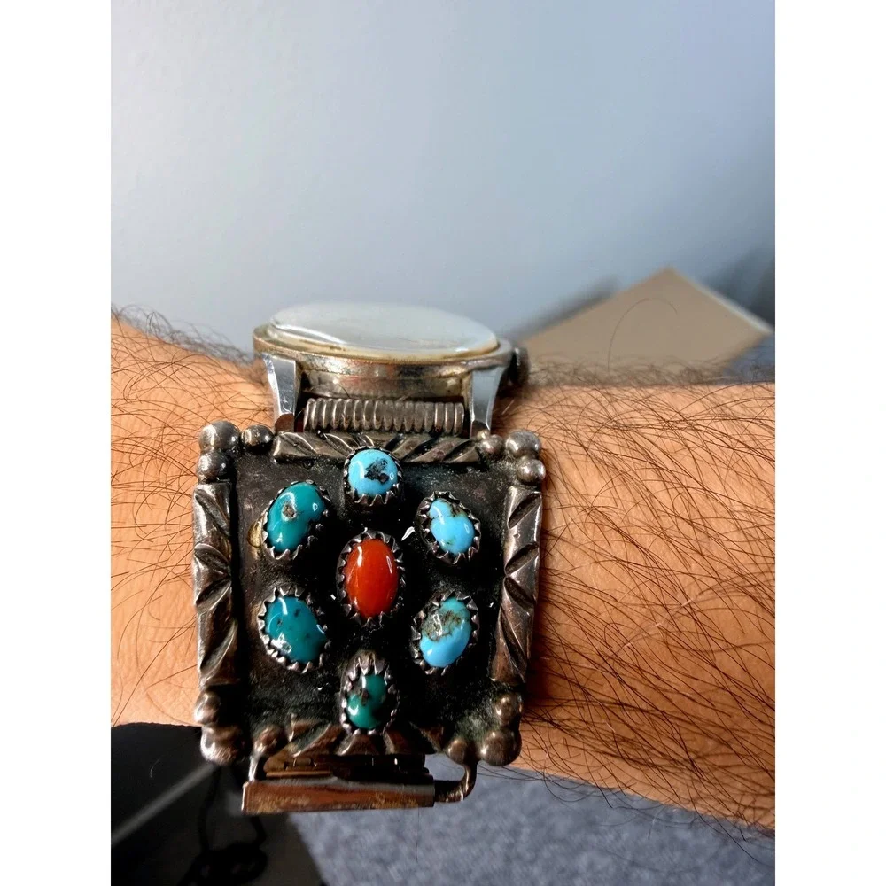 Vintage Wittnauer Automatic Watch Turquoise Coral Southwestern Silver Tone Mens